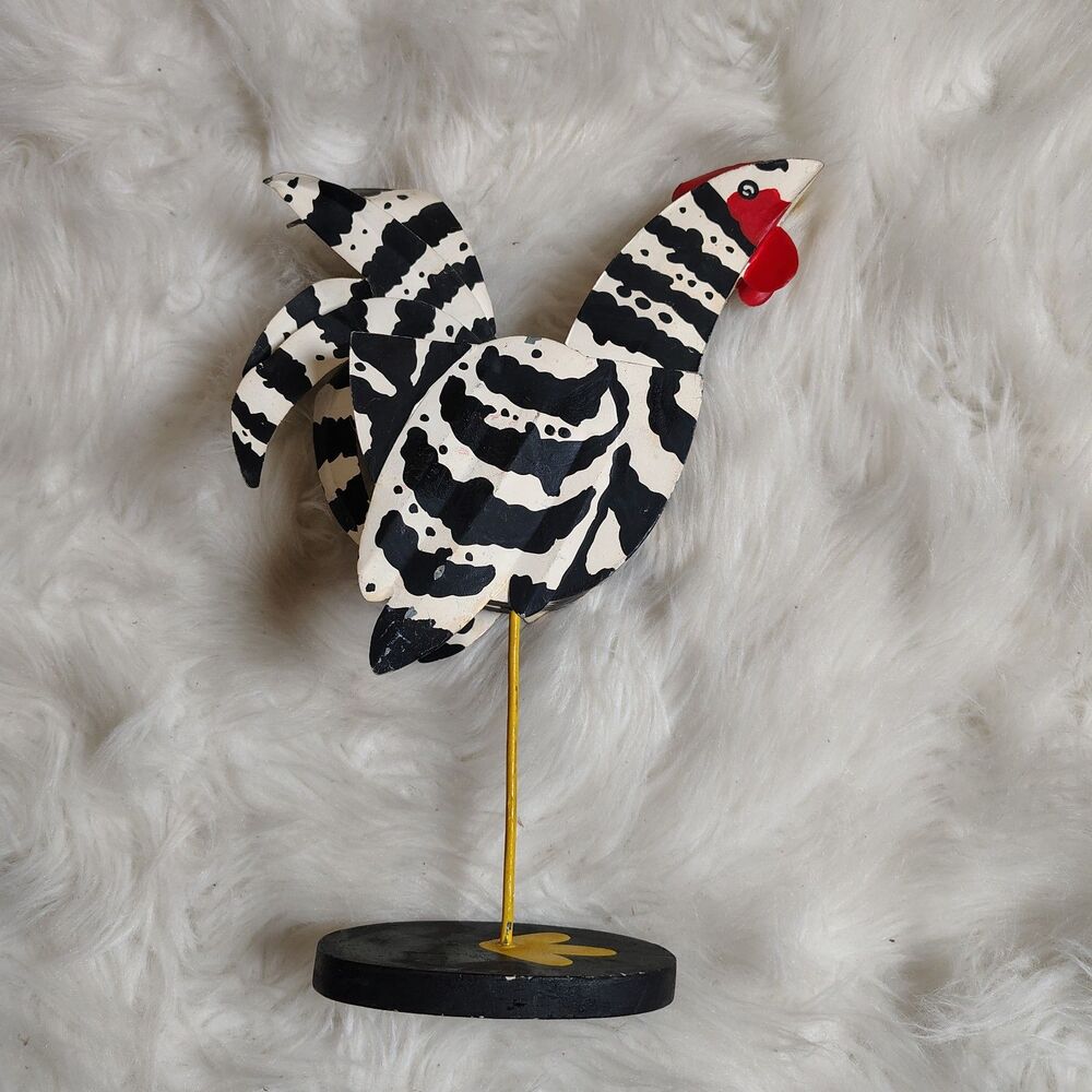Rustic Folk Art Tin Hand Painted Chicken Figure Blk & White Body Dept56